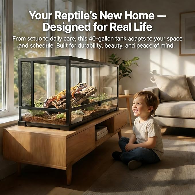 40 Gallon Reptile Tank: 36x18x18 Front Opening Reptile Enclosure with Door Lock Glass Terrarium with Three-Sided Screen Ventilation - Large Bearded Dragon Tank for Snake Turtle Gecko Lizard