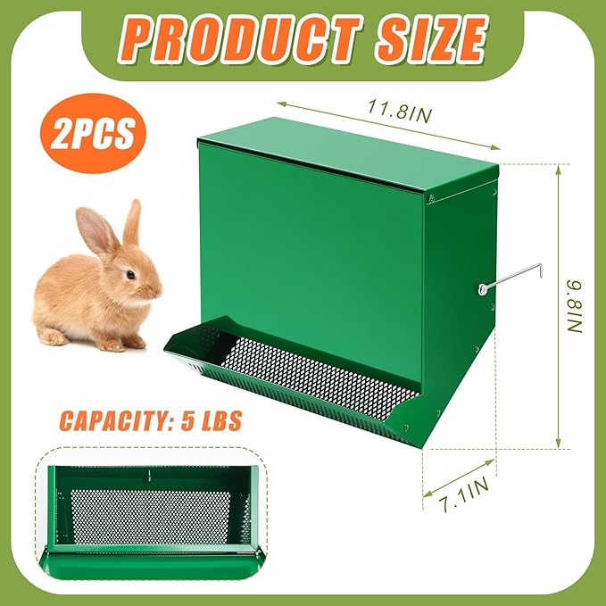 Maxcheck 2 Pcs Rabbit Feeder for Cages Small Animal Food Pellet Dispenser with Lid Metal Chicken Grit Oyster Shell Squirrel Feeders Outside(11.8 Inches,Mesh Bottom,Green)