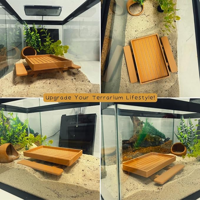 REEFSHAPE Terrarium Picnic Table for Bearded Dragons, Lizards, Geckos, and More! | Platform Accessory for Terrarium Habitats | Made in USA (Tan)