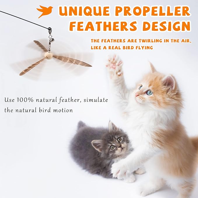 JXFUKAL Cat Wand Toys, Interactive Cat Toys with 3 Feather Refills, 29'' Flexible Steel Wire, Sturdy Wood Handle & Bell for Kitty Kitten, Cat Toys for Indoor Cats Teaser Cat String Toy - Image 2