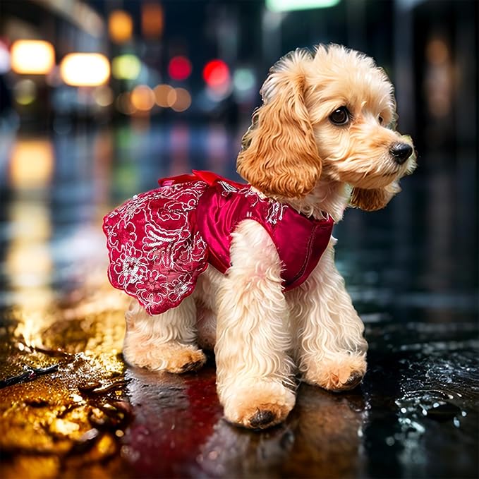 Dog Princess Lolita Dress for Small Dogs Girl,Sparkling Sequins Sweet Pet Clothes Wedding Birthday Party Puppy Dresses,Cat Apparel Accessories Costumes Outfit Skirt (Red,Large)