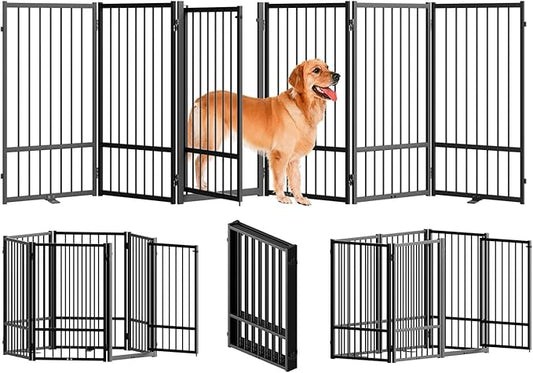 SNUOWU Full Metal Freestanding Dog Gate with Door, 32''Height Foldable Pet Dog Fence for Indoor & Outdoor, 6 Panels Extra Wide Free Standing TallDog Gates for Doorways,House,Stairs,Porch,Deck,Yard