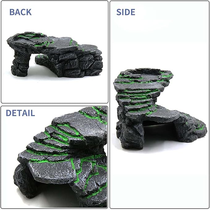MoonOrange Turtle Basking Platform Kit, Reptile Habitat Hideout, Decorative Resin for Aquarium & Terrarium, Including Artificial Plant and Cleaning Brush. (B-Medium-Black)