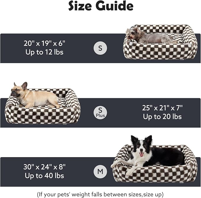 JOEJOY Large Dog Beds Large Sized Dog, Removable Washable Cover Orthopedic Soft Faux Rabbit Fur Pet Bed, Anti-Slip Fluffy Plush Faux Rabbit Fur Puppy Bed, 36"x27"x8", Checkered, Brown
