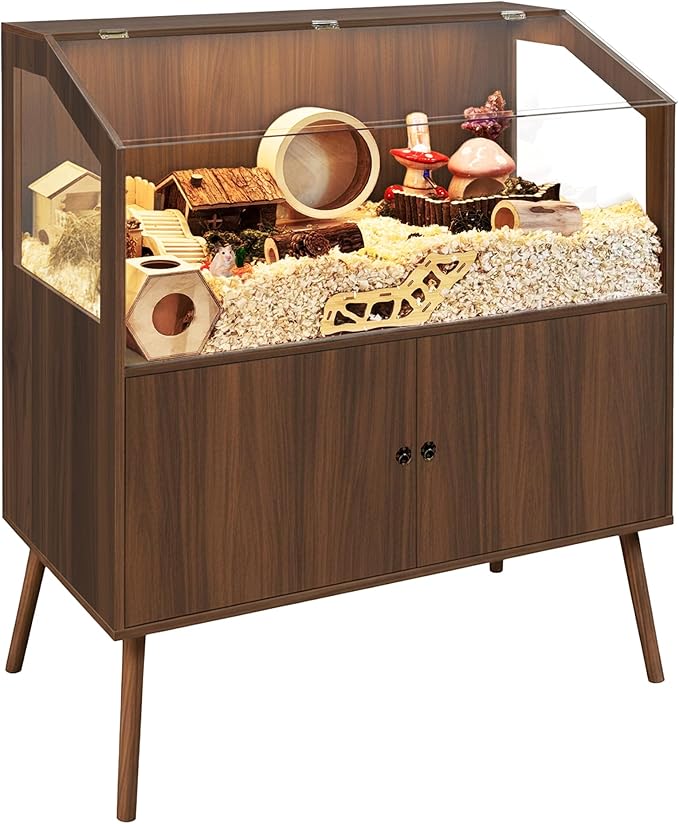 PROLEE Hamster Cage with Storage Cabinet,Large Hamster Encloure Chew Proof Wood,Clear View Hamster Habitat for Guinea Pig, Ferret, Rat, Hedgehog，47“ X 40” X 20“ (Walnut)