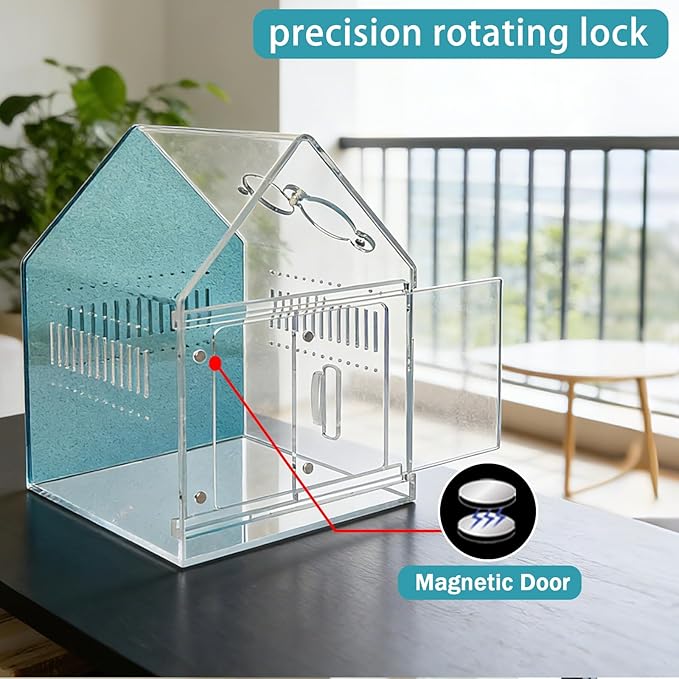 Magnetic Acrylic Spider Enclosure 5.3x5.3x7.3 Inch, House Shape Terrarium with Blue or Purple Background for Jumping Spiders, Tarantula Slings & Mantis, Escape-Proof Habitat (Blue)