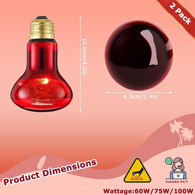 75W Red Infrared Basking Spot Light Bulbs for Reptiles & Amphibians, Heat Lamp for Bearded Dragons, Turtles, Snakes, Chicks, Terrarium Heating and Brooder Warmth, 2 Pack