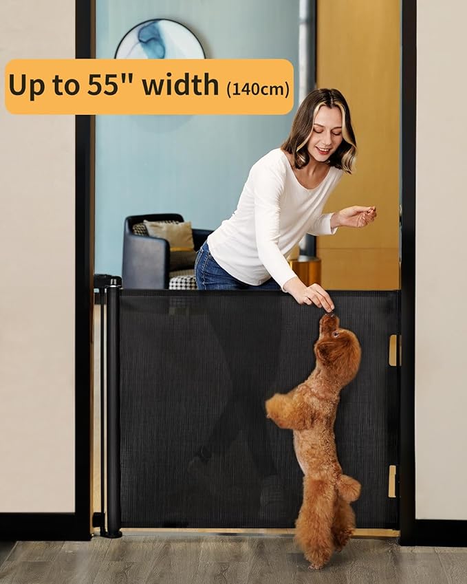 AOURMKOOP Retractable Baby Gate,Mesh Baby Gate or Mesh Dog Gate,33" Tall,Extends up to 55" Wide,Child Safety Gate for Doorways, Stairs, Hallways, Indoor/Outdoor（Black,33"x55"