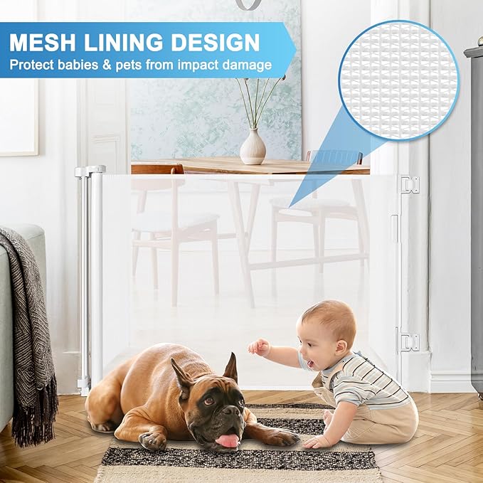 55 Inch Retractable Baby Gates for Doorways Retractable Dog Gate for Stairs Outdoor Retractable Gate Mesh Baby Gate Retractable Gates for Dogs Indoor Large Dog Gate Child Gates for Doorways, White