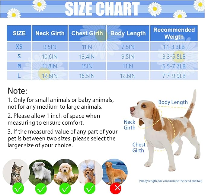 Dog Dress Bowknot Harness Leash Set for Small Girl Dogs Blue Daisy Floral Dog Cat Clothes Cute Puppy Outfits Pet Clothes Spring Summer Breathable Dresses(Large)