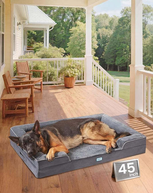 OhGeni Orthopedic Dog Bed Couch Big Cat Sofa for Extra Large Sized Pets with Memory Foam, Machine-Washable Waterproof Removable Cover, Soft Comfortable Fabric, 45-inch (Gray)