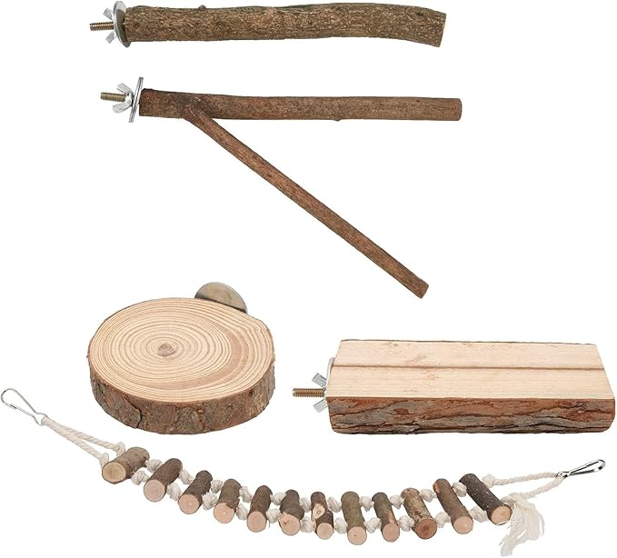 5 Piece Bird Perch Set,Wooden Bird Perches Set with Standing Grinding terrace and Swing - Secure Bird Cage Accessories