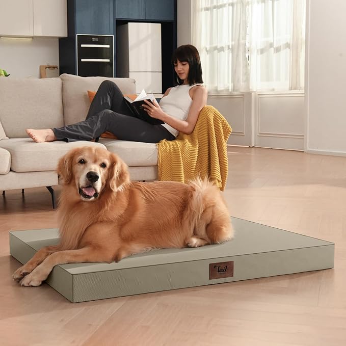Outdoor All Weather XL Dog Bed, Waterproof Pet Bed for Extra Large Dogs, Orthopedic Egg Crate Foam with Removable Washable Oxford Cooling Cover, 44x32 Inch, Khaki