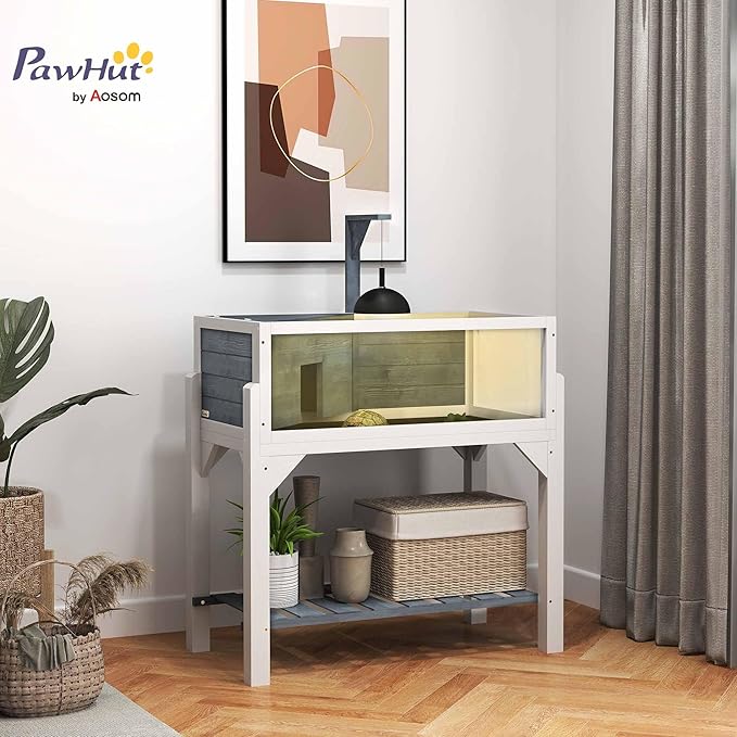 PawHut Tortoise Habitat with Storage Shelf, Wooden Tortoise Enclosure with Clear Windows, Lamp Holder, Openable Top, Built-in Tray, Reptile Cage for Indoor Outdoor Use, Gray