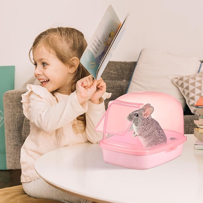 Kisangel Chinchilla Dust Bath House Pink Plastic Sand Bath Container for Small Animals Indoor Habitat Decor 9X6X6 Inches