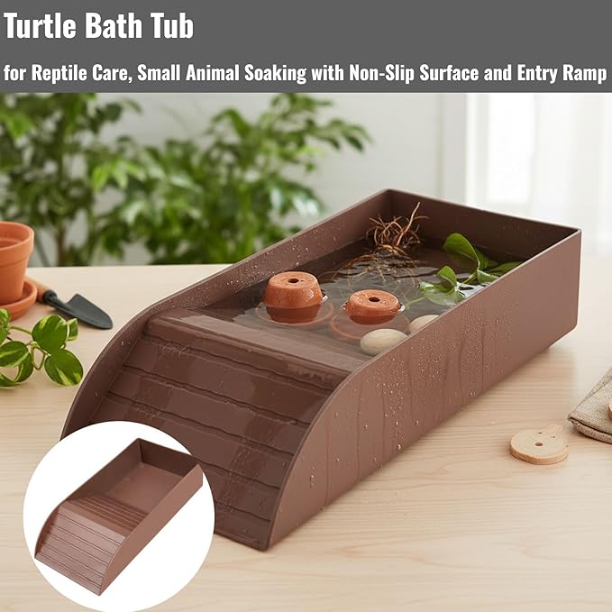 Reptile Bathing Tub with Non-Slip Surface and Entry Ramp for Easy Small Animal Soaking Container