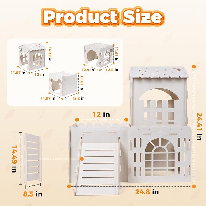 Large Rabbit House, Wooden Bunny Castle with 3 Houses Indoor, Rabbit Guinea Pig Cage Multistory Climbing Tower Sturdy Wooden Castle, Small Animal Hideaway Tunnel