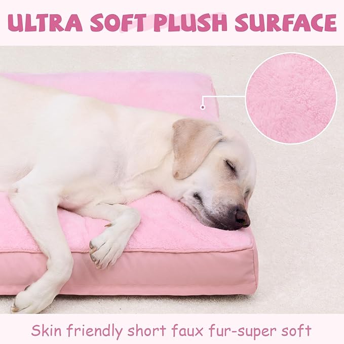 Dog Crate Bed Waterproof Deluxe Plush Dog Beds with Removable Washable Cover Anti-Slip Bottom Pet Sleeping Mattress for Large, Medium, Jumbo, Small Dogs, 29 x 18 inch, Pink