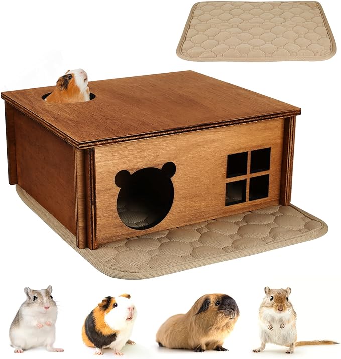 Wooden Guinea Pig Hideout, Small Animal Houses Habitats, Large Hideout House for Small Rabbit Chinchilla Gerbil, Sturdy Hamster Hideout Bed Hutch Bunny Cage