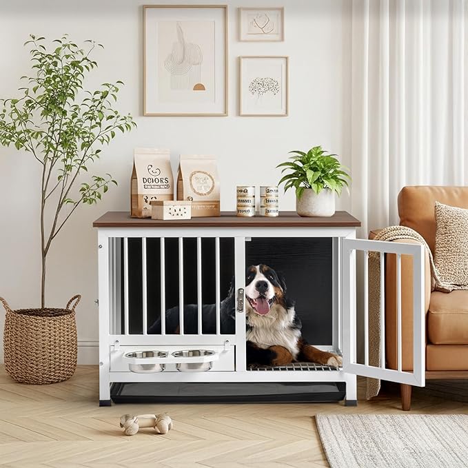 VINGLI Dog Crate Furniture, 32.5" Wooden Dog Kennel with 360° Swivel Feeder, Dog Cage Indoor for Small and Medium Dogs, Easy to Clean (Medium-32 inch White)