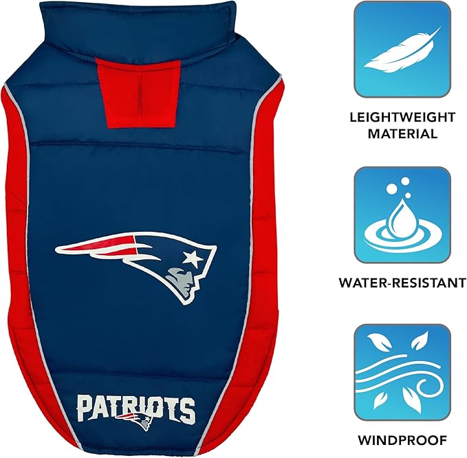 NFL New England Patriots Puffer Vest for Dogs & Cats, Size Medium. Warm, Cozy, and Waterproof Dog Coat, for Small and Large Dogs/Cats. Best NFL Licensed PET Warming Sports Jacket