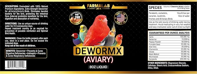 Farmalab DEWORMX Liquid Extra Strength 2oz 8oz Budgies, Parakeet, Finches, Lovebirds Small Caged Birds para periquitos, cacatillos, cotorras, Canarios, guacamayos, Quakers y Aves (Aviary 8oz)