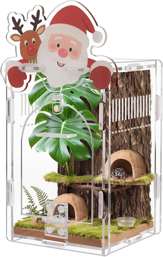 Santa Claus Jumping Spider Enclosure, Magnetic Acrylic Habitat Terrarium with Secure Doors, 4x4x6.3 Inch Small Desktop Decor Gift for Spider, Mantis, Beetles