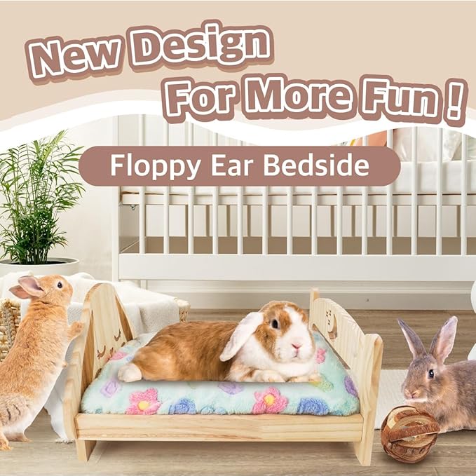 SoulThink® Floppy Ear Wooden Rabbit Bed - Easy to Assemble Rabbit Bed with Removable & Washable Fleece Mat, Small Animal Bed Suitable for Bunny, Guinea Pig, Chinchilla, Ferrets, Rats