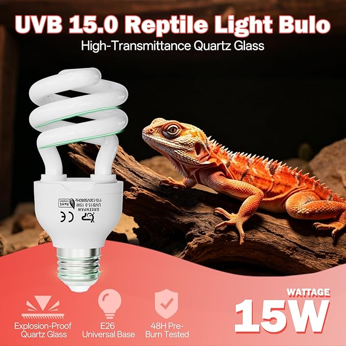UVB Light for Reptiles 15.0: 15W Intense Desert UVA UVB Bulb for Reptiles - Reptile UVB Light Terrarium Compact Fluorescent Lamp- UVB Light for Reptile and Amphibian with A Free UV Sensor Card