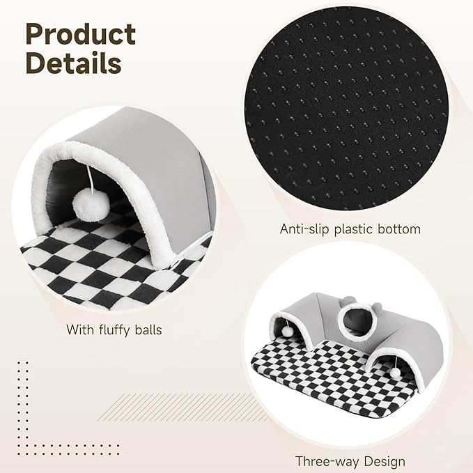 Large Guinea Pig Hideout Tunnel with Removable Warm Bed, 3-Cave Small Animal Hideaway Play Tunnel, Cozy Cage Accessories for Hamsters, Chinchillas, Rats