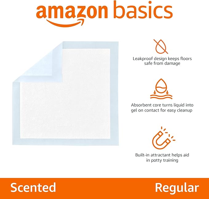 Amazon Basics Scented Dog and Puppy Potty Training Pee Pads, 5-Layer Leak-Proof Super Absorbent with Quick-Dry Surface, Regular Size 22 x 22 Inch, Blue, 150 Count