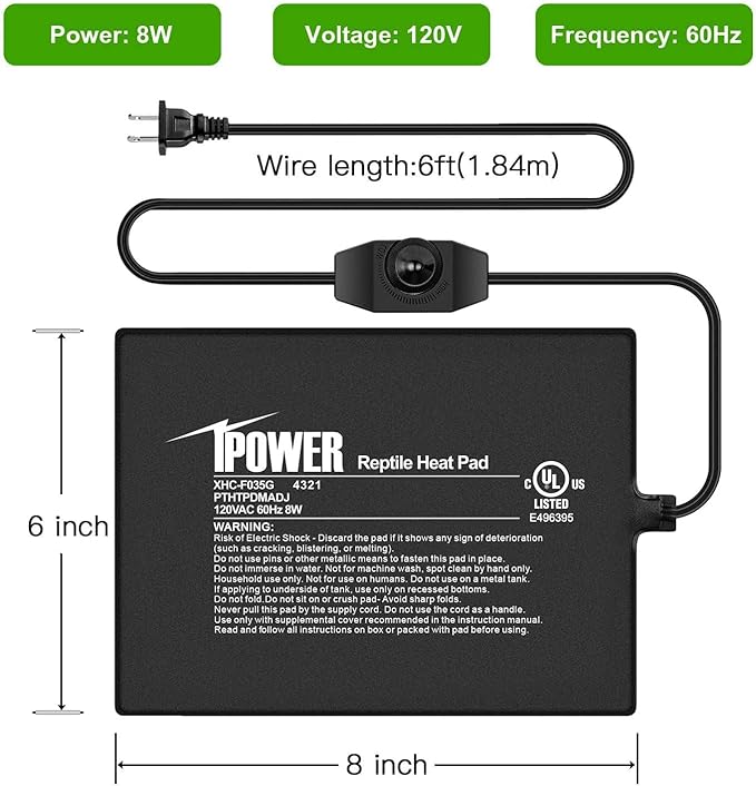 iPower 6 by 8 Inch Reptile Heating Pad with Temperature Adjustable Controller Knob, Under Tank Warmer Terrarium Heat Mat for Reptiles and Amphibians (Pack of 2)