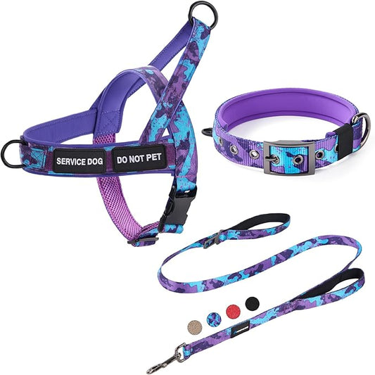 Annchwool No Pull Dog Harness,Heavy Duty Collar & Leash Set-Leash with Double Handle & Car Seatbelt Clip-Easy Control for Walking Training Medium Large Size Dogs(Camo Purple,S)