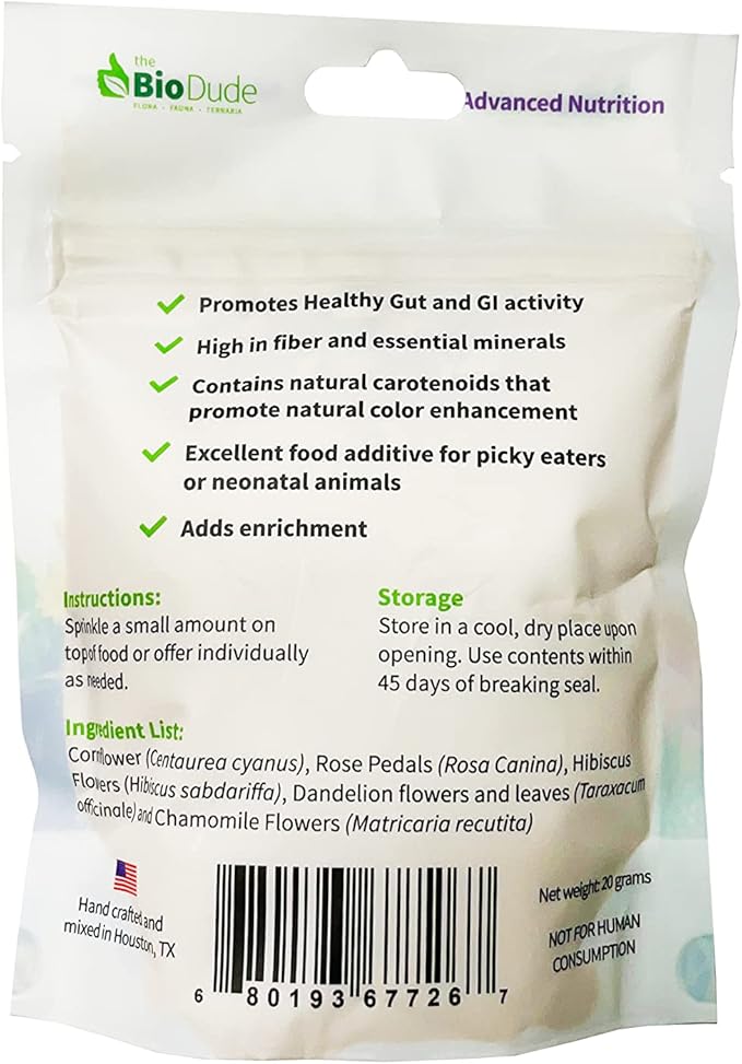 The Bio Dude Flower Power 20 Grams 100% Natural Food Topper for Bearded Dragons, Tortoises and More!