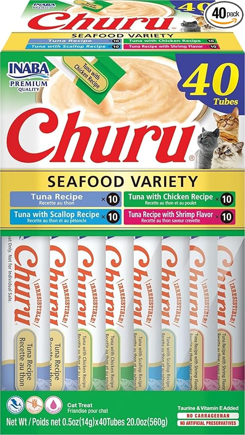 INABA Churu Cat Treats, Lickable, Squeezable Creamy Purée Cat Treat with Green Tea Extract & Taurine, 0.5 Ounces Each Tube, 40 Tubes, Tuna & Seafood Variety Box by INABA