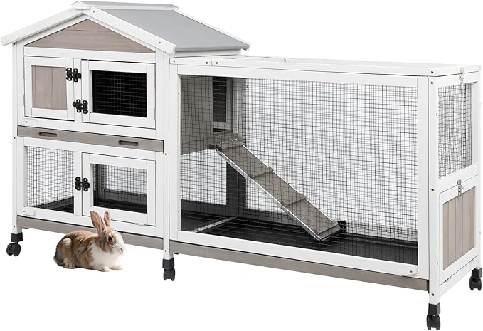 Gowoodhut Outdoor Rabbit Hutch Indoor Bunny Hutch 2 Story Weatherproof Bunny Cage with 6 Wheels, 3 Seperate Pull Out Trays, Safe Metal Run, Wooden Pet House for 1-3 Guinea Pigs, Hamster