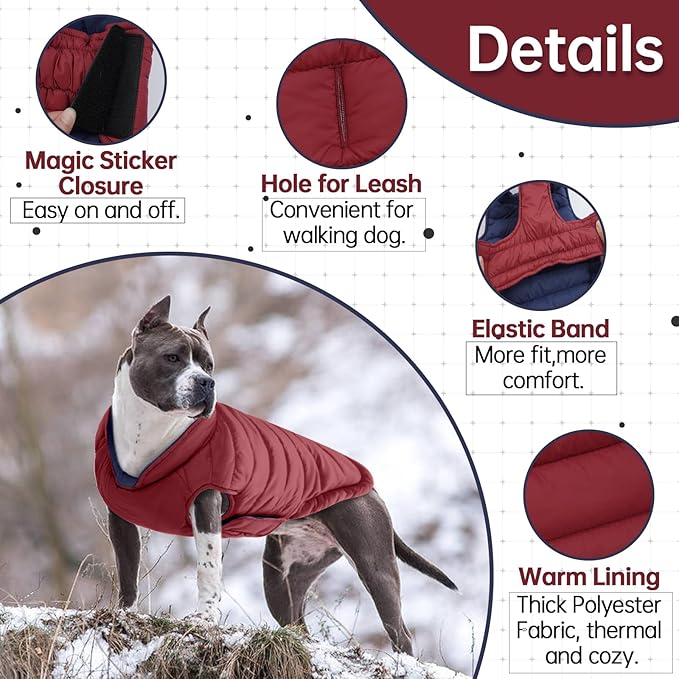 Lelepet Reversible Dog Coat Waterproof Dog Jacket Windproof Puffer Vest for Winter Warm Lightweight Coats for Small Dogs Adjustbale Hook & Loop Pet Apparel with Leash Hole, Pug, Wine Red, M