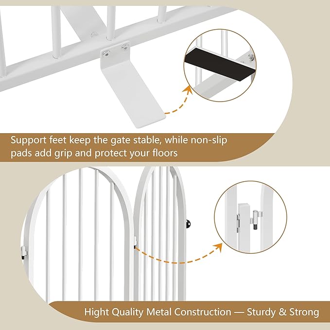 PUPETPO Full Metal Dog Gate with Door for Indoor Outdoor, 32" Tall Free Standing Pet Dog Fence, 72" Extra Wide Pet Gates for Stairs, Hallways, Doorways, Kitchen, Decks, Yards (White, 4 Panels)