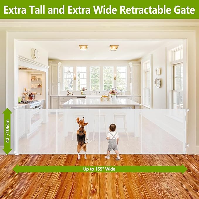 Reinforced 42 Inch Tall Retractable Baby Gates Extra Wide Dog Gate, 155 Inch Extra Long Baby Gate with Support Rods - Prevent Crawling Under, Indoor Retractable Gate Outdoor Extra Tall Dog Gate, White
