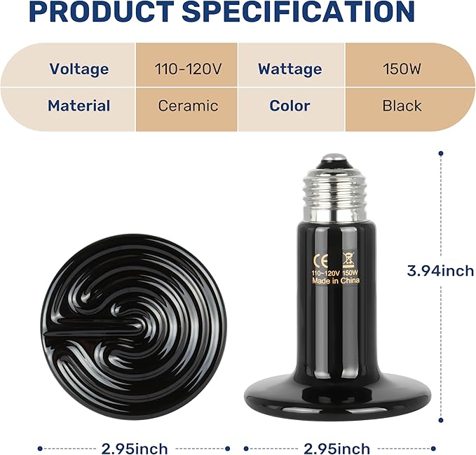 Reptile Heat Lamp 150W Ceramic Heat Emitter, No Light Emitting Heat Bulbs for Amphibian Pet Brooder Coop Incubating Chicken, Lizard Bearded Dragon Turtle Snake Terrarium