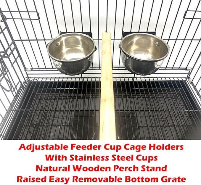 Portable Easy Travel Storage Bird, Parrot, Puppy and Kitten Carrier Travel Vet Chew-Proof Metal Cage with Stand Wooden Perch Stainless Steel Cups