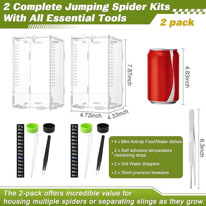2 Pack Jumping Spider Enclosure Kit Acrylic Reptile Terrariums with Locking Latch, All Side Ventilation, Praying Mantis Habitat, Frog Bug Enclosure, 4.3x4.7x7.87 Inch with Feeding Monitoring Tool