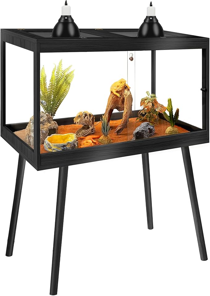 PROLEE Reptile Enclosure with Leg, 30 Gallons Bearded Dragon Tank, Tempered Glass Lizard Tank with Metal Mesh Tops and Lockable Door, Spacious Reptile Habitat for Snake,Lizard (Black)