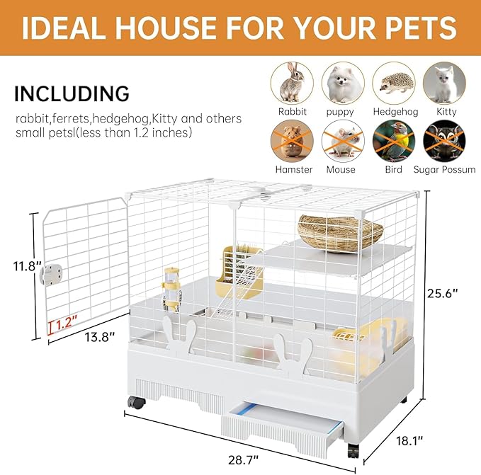 Oneluck Rabbit Cage Indoor,Loft Bunny Hutch with Urine-Proof Wall,Leak-Proof Trays, Wheels 28.7" L x 18.1" W x 25.6" H for Rabbits Chinchillas, Guinea Pig and Small Animal (Small)