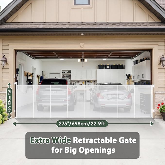 275" Extra Wide Retractable Baby Gates, 22ft Extra Wide Baby Gate Retractable Gate Outdoor, 48" Extra Tall Pet Gate Retractable Dog Gate Extra Wide Dog Gate, Reinforced Garage Gates for Dogs, White