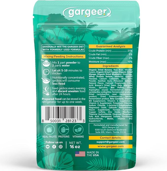 Gargeer 16oz Complete Crested Gecko Food Diet. Premium Ingredients Mix, Ready to Use Freshly Made Powder. Unique Superfood Formula, Developed & Made in The USA. Enjoy!