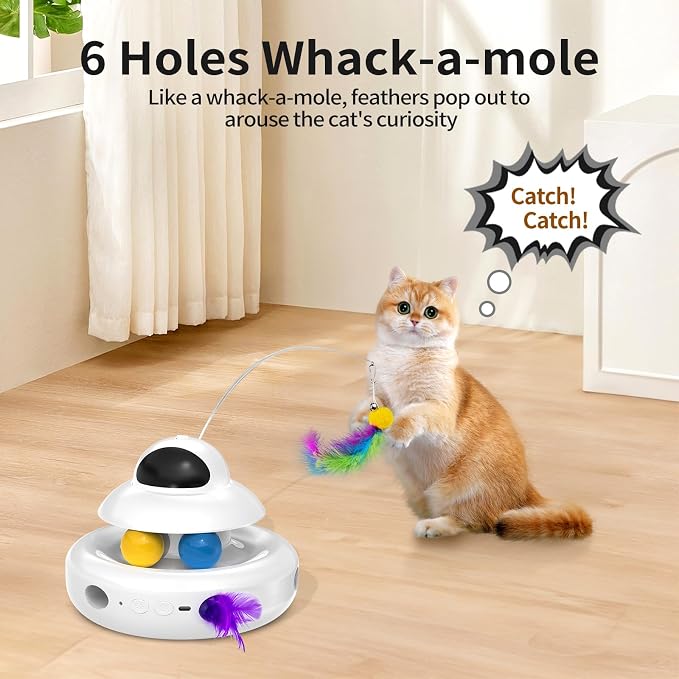 MOHAYA Cat Toys，4-in-1 Interactive Cat Toy for Indoor Cats with Laser, Fluttering Butterfly, Moving Feather and Track Balls - USB Rechargeable Self-Play Kitten Toy (White) - Image 4