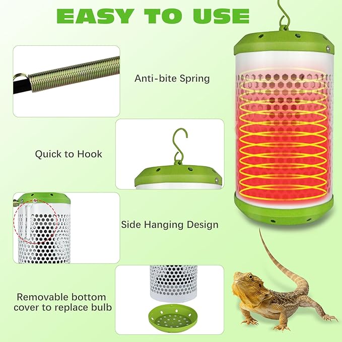 Reptile Heat Lamp with Guard, Ceramic Heat Lamp Bulb with Anti-Scald Lampshade, Adjustable Reptile Ceramic Heat Lamp from 0-100W, for Turtle, Snakes, Lizards, Frogs, Bird, No Light Only Heat (Big)