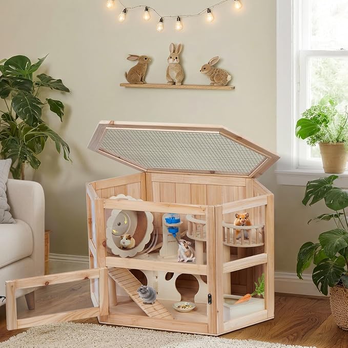 5 in 1 Wooden Hamster Cage|3 Tier Small Animal Cage with Silent Exercise Running Wheel|Large Syrian Hamster House with Openable Top&Acrylic Sheets|Chinchilla Guinea Pig Cages