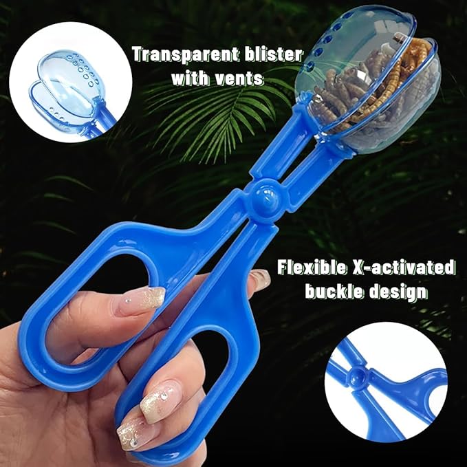 AYNEFY Reptile Feeding Clamp, Reptile Poop Scoop Transparent Easy to Observe Multipurpose Flexible for Spider for Tortoise (Blue)